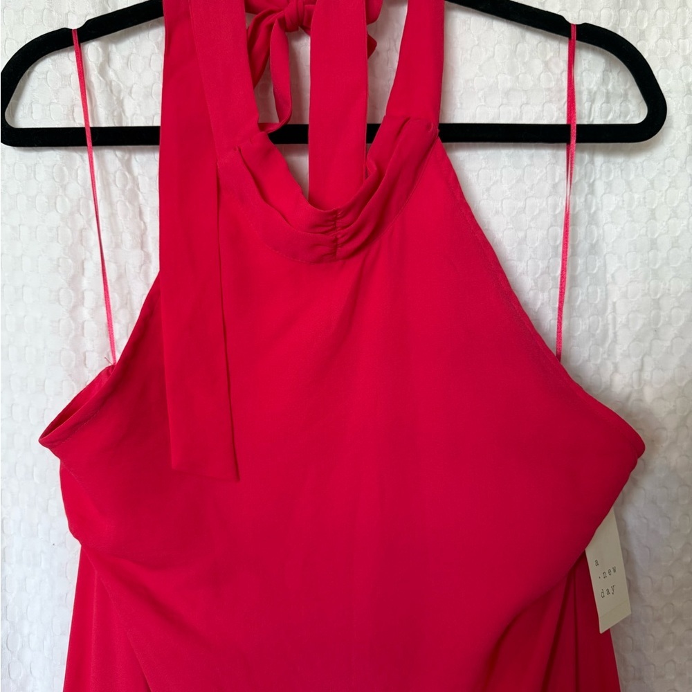 A New Day Hot Pink Halter Tie Neck Midi Dress Pockets Sleeveless Size L NWT - Picture 4 of 5